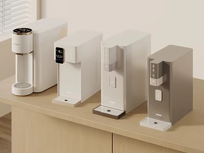 Modern Four Different Designed White And Silver Instant Hot Water Dispensers On Wooden Countertop 3d model