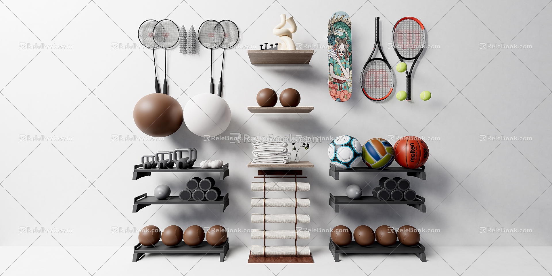 Sports supplies, ball equipment, badminton racket, basketball 3d model