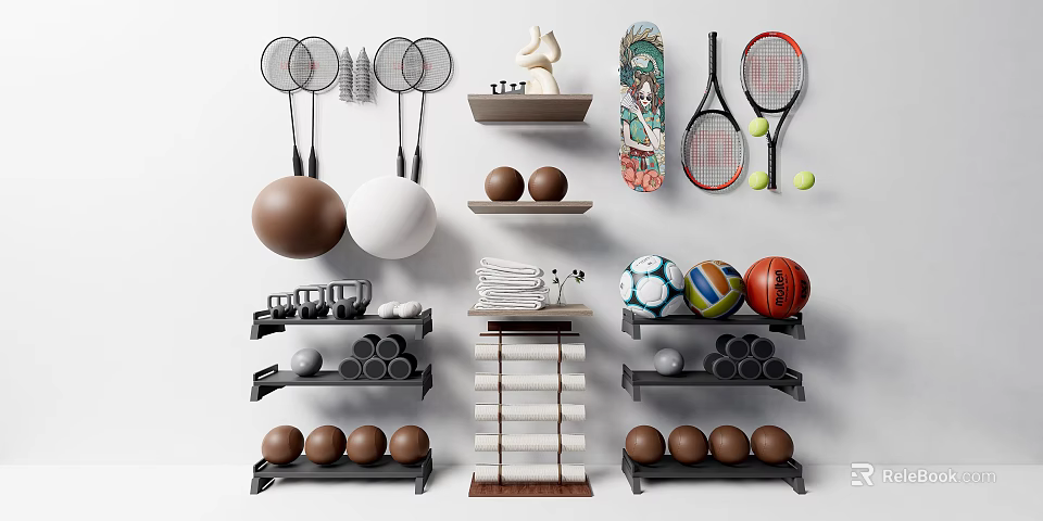 Organized Sports Equipment Display With Various Rackets Balls Skateboard And Storage Racks 3d model 