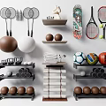 Organized Sports Equipment Display With Various Rackets Balls Skateboard And Storage Racks