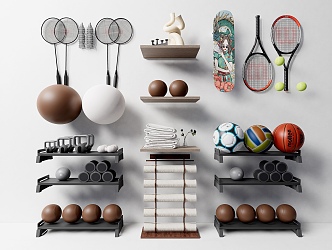 Sports supplies, ball equipment, badminton racket, basketball 3d model