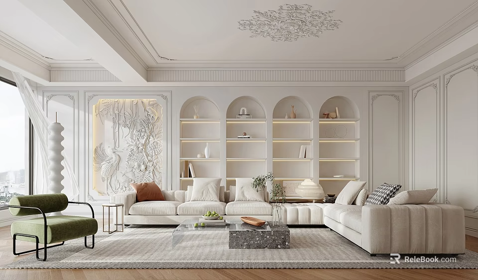 Elegant Modern Living Room Interior With White Sofa Green Armchair Niche Shelves And Carved Ceiling 3d model 