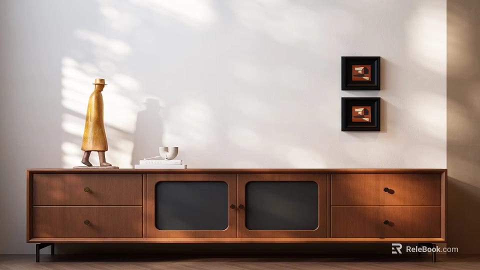 Wooden TV Stand With Drawers Glass Doors Yellow Sculpture White Cup Books Black Framed Paintings 3d model 