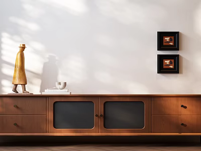 Wooden TV Stand With Drawers Glass Doors Yellow Sculpture White Cup Books Black Framed Paintings 3d model