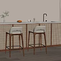 Elegant Bar Counter With Marble Top Woven Panels Bar Stools Vase And Fruits