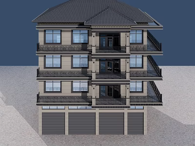 Multi Story Detached Villa With Multiple Balconies Garage Dark Tile Roof And Light Exterior 3d model