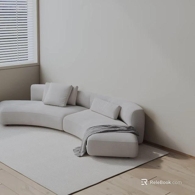 Curved Light Gray Three Seater Sofa with Cushions Blanket and Window Blinds on Rug 3d model 