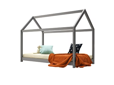 Gray House Shaped Kids Bed With Colorful Pillows And Orange Blanket 3d model