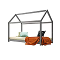 Gray House Shaped Kids Bed With Colorful Pillows And Orange Blanket