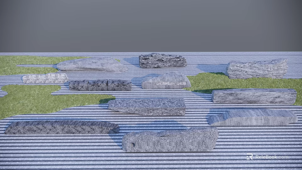 Natural Rockery Stones With Various Shapes And Grass In Garden Landscape 3d model 