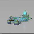 Cartoon Style Pond Scene With Water Lilies Fish Decorative Stones And Green Plants
