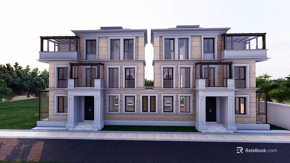 Modern Detached Villa Exterior With Two Story Design Large Windows And Balconies 3d model 