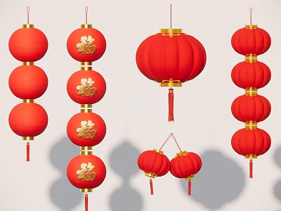 Traditional Red Chinese Decorative Lanterns with Gold Fu Characters Stacked Multiple Single Hanging and Pair 3d model