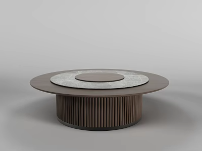 Round Modern Dining Table With Marble Layered Top And Wooden Ribbed Base 3d model