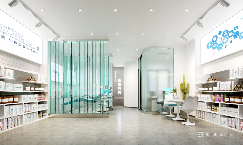 Modern Beauty Salon Interior With Glass Partition Display Shelves And Bright Environment 3d model 