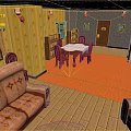 Cartoon Scene Room Interior With Orange Sofa Wooden Floor Orange Carpet And Dining Table