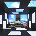 Indoor Display Space With White Rectangular Panels Skylights And Cityscape Screen 3d model