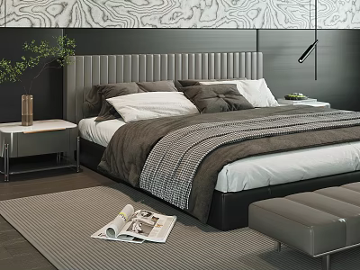Modern Double Bed With Upholstered Headboard Striped Bedspread And Nightstands 3d model