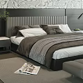 Modern Double Bed With Upholstered Headboard Striped Bedspread And Nightstands 3d model