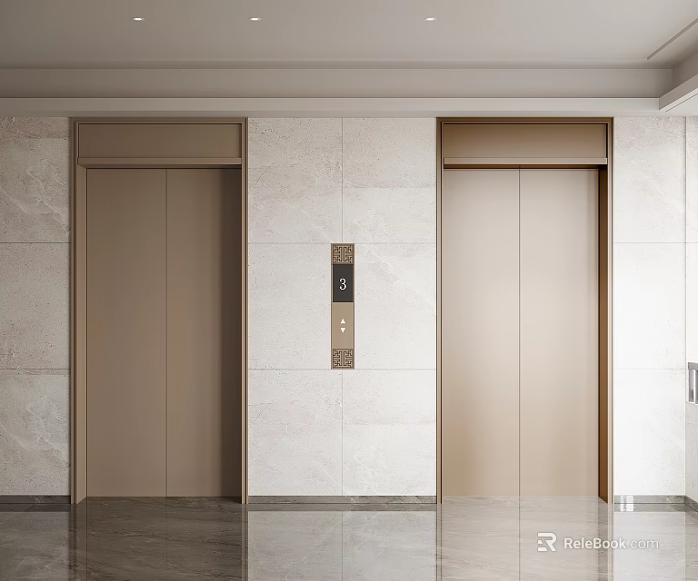 Elegant Modern Elevator Lobby Interior With Beige Double Doors Control Panel And Marble Walls 3d model 