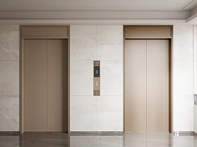 Elegant Modern Elevator Lobby Interior With Beige Double Doors Control Panel And Marble Walls 3d model