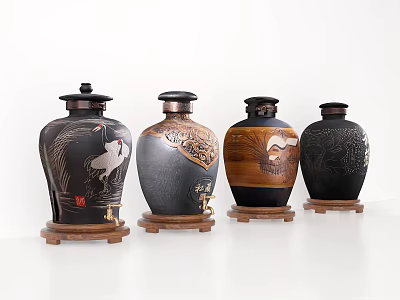 Traditional Decorative Ceramic Jars With Wooden Bases And Crane Dragon Patterns 3d model Traditional Decorative Ceramic Jars With Wooden Bases And Crane Dragon Patterns 3d model