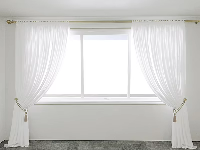 White Sheer Curtains With Tassels On Curtain Rod For Bright Room Window 3d model