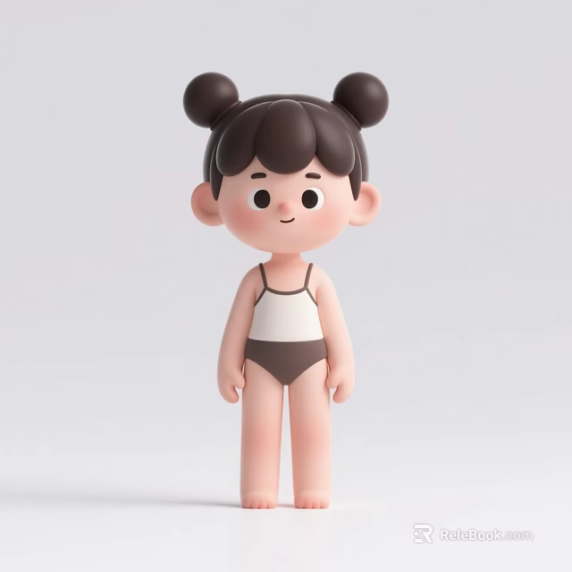 Adorable Doll with Double Buns Brown Hair Round Smiling Face White Tank Top Brown Shorts 3d model 