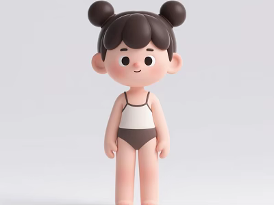 Adorable Doll with Double Buns Brown Hair Round Smiling Face White Tank Top Brown Shorts 3d model