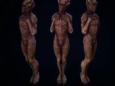 Three Fantasy Alien Game Movie Characters With Textured Bodies In Standing Pose 3d model