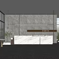 Modern Front Desk Reception Area With Marble Counter Wooden Wall And Pendant Light