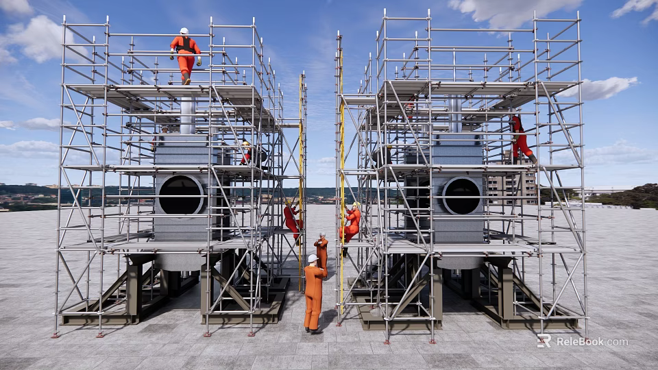 Building Components Scaffolding In Construction With Workers And Metal Circular Openings 3d model 