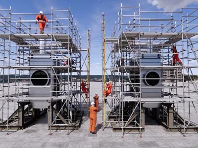 Building Components Scaffolding In Construction With Workers And Metal Circular Openings 3d model