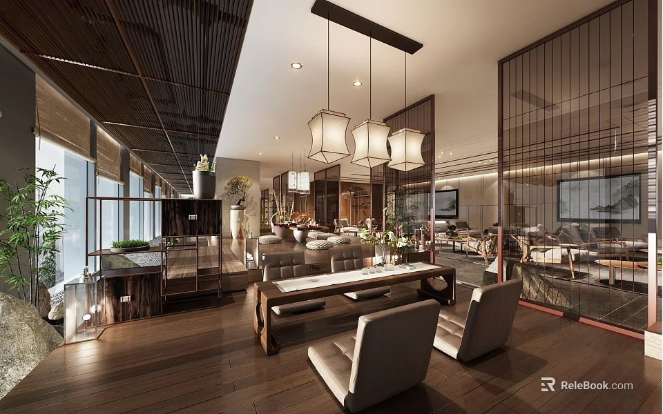 Modern Hotel Public Lounge Interior With Wooden Floors Hanging Lamps Sofas And Green Plants 3d model 