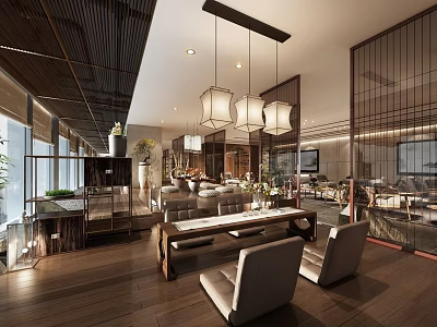Modern Hotel Public Lounge Interior With Wooden Floors Hanging Lamps Sofas And Green Plants 3d model