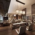 Modern Hotel Public Lounge Interior With Wooden Floors Hanging Lamps Sofas And Green Plants