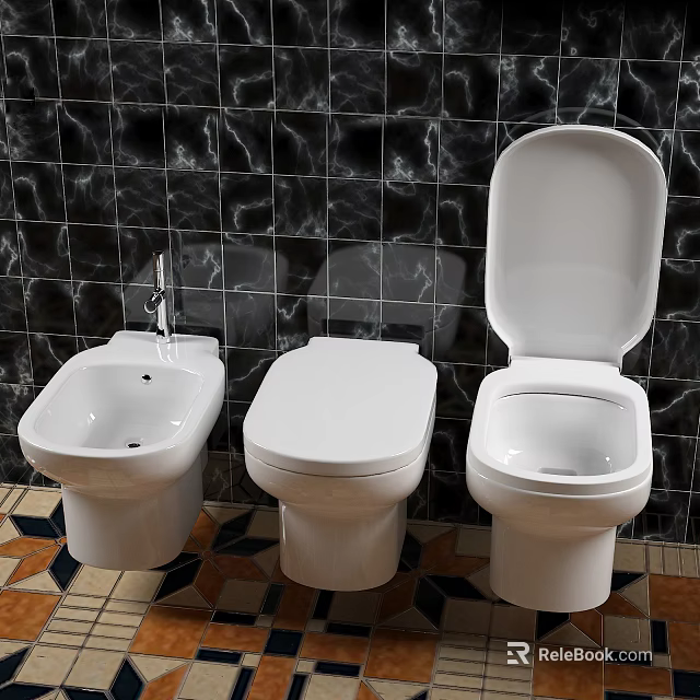 Three Modern Toilets with Black Marble Tile Wall and Colorful Patterned Floor 3d model 