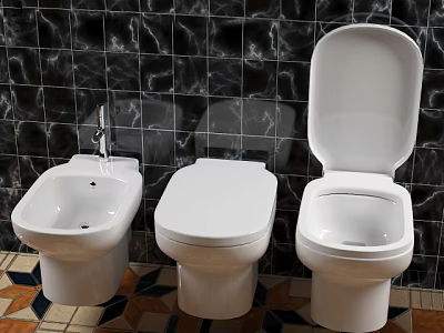 Three Modern Toilets with Black Marble Tile Wall and Colorful Patterned Floor 3d model