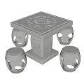 Solid Stone Outdoor Table Square Carved Surface With Four Hollow Design Stools 3d model
