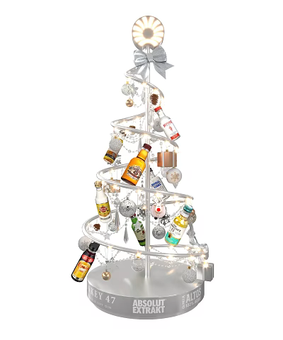 Spiral Shaped Decorative Stand Featuring Wine Bottles And Festive Decorations With Lights 3d model