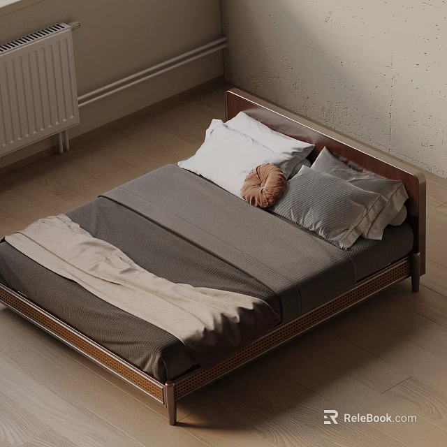 Wooden Headboard Double Bed With Gray Beige Bedsheets And Throw Pillow In Modern Bedroom 3d model 