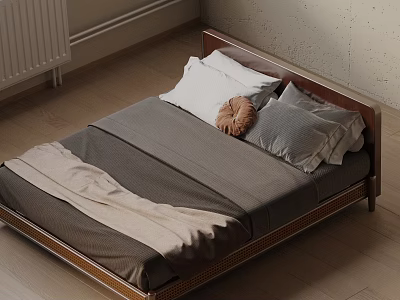 Wooden Headboard Double Bed With Gray Beige Bedsheets And Throw Pillow In Modern Bedroom 3d model