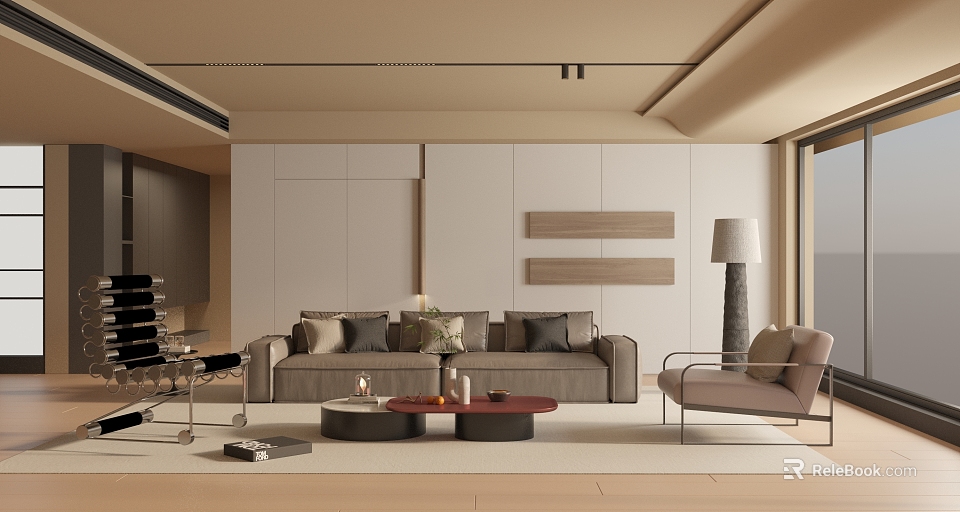 Modern Living Room Interior With Gray Sofa Coffee Tables Floor Lamp And Wall Panels 3d model 