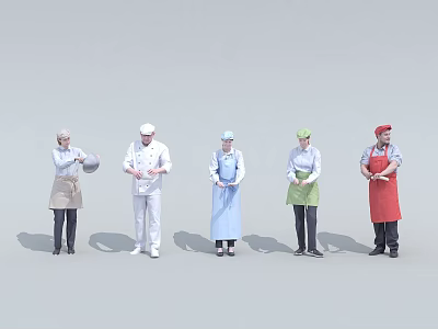 Group of Professional Chefs Wearing Uniforms With Different Colored Aprons Standing In Line 3d model