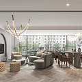 Modern Living Dining Room Interior With Gray Sofa Round Coffee Table Chandelier And Large Windows