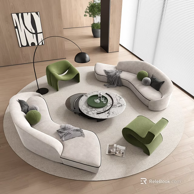 Light Gray Curved Sofa Coffee Table Set with Round Marble Top Green Accent Chairs Pillows 3d model