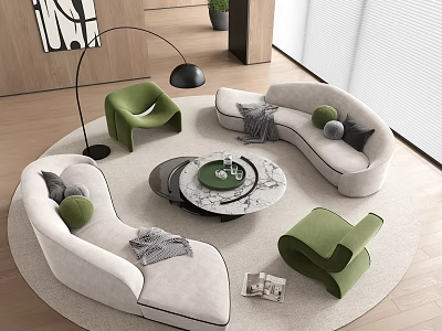 Light Gray Curved Sofa Coffee Table Set with Round Marble Top Green Accent Chairs Pillows 3d model