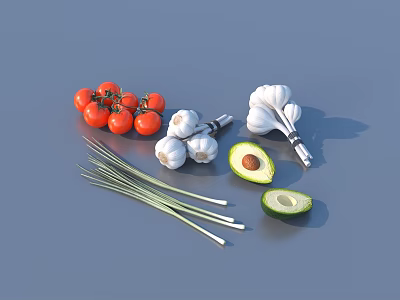 Fresh Ripe Tomatoes Garlic Bulbs Halved Avocado And Green Chives 3d model
