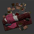 Red Tufted Sectional Sofa with Pink Plaid Blanket Colorful Cushions and Stack of Books