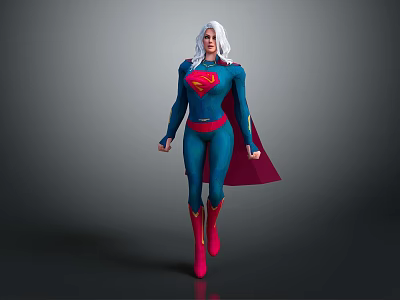 White Haired Female Superhero In Blue Costume With Red Cape And S Symbol 3d model